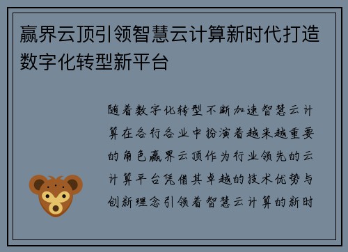 赢界云顶引领智慧云计算新时代打造数字化转型新平台